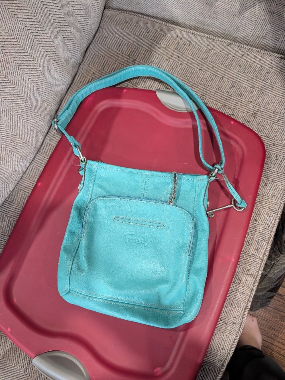 Fossil Turquoise Pebbled Leather Organizer Crossbody Bag with Key Charm
